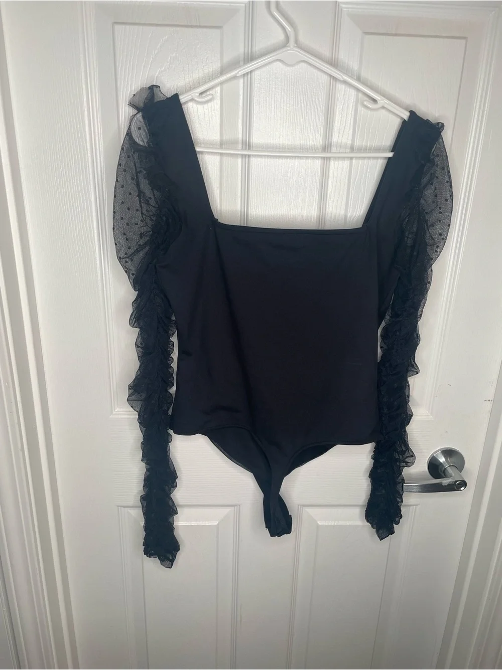 Free People Must Be Love Bodysuit Mesh Ruched Sleeve Square Neck in Black L